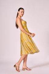 Grey yellow forest print midi dress