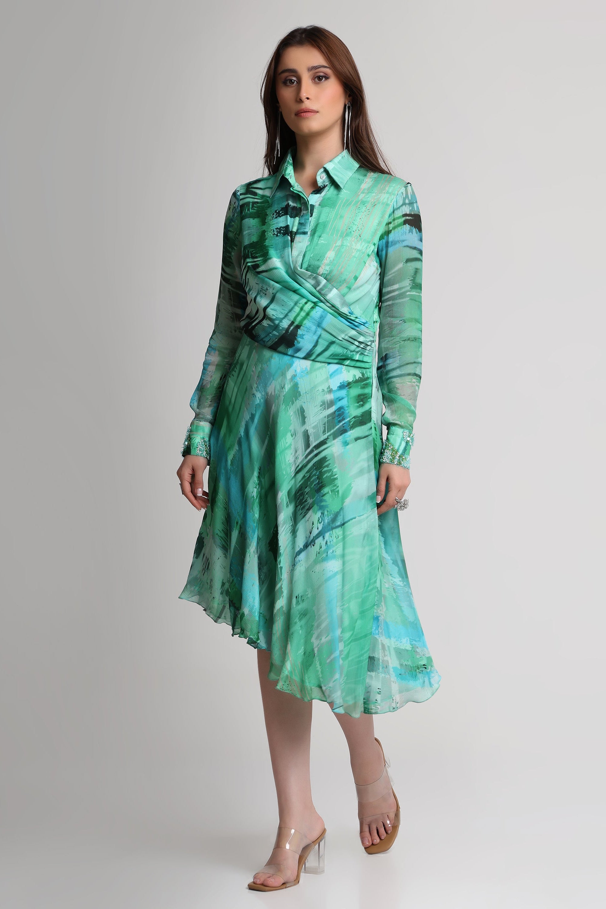 Green Geometric art print shirt dress
