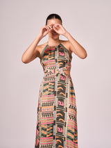 Multi coloured geometric print halter dress