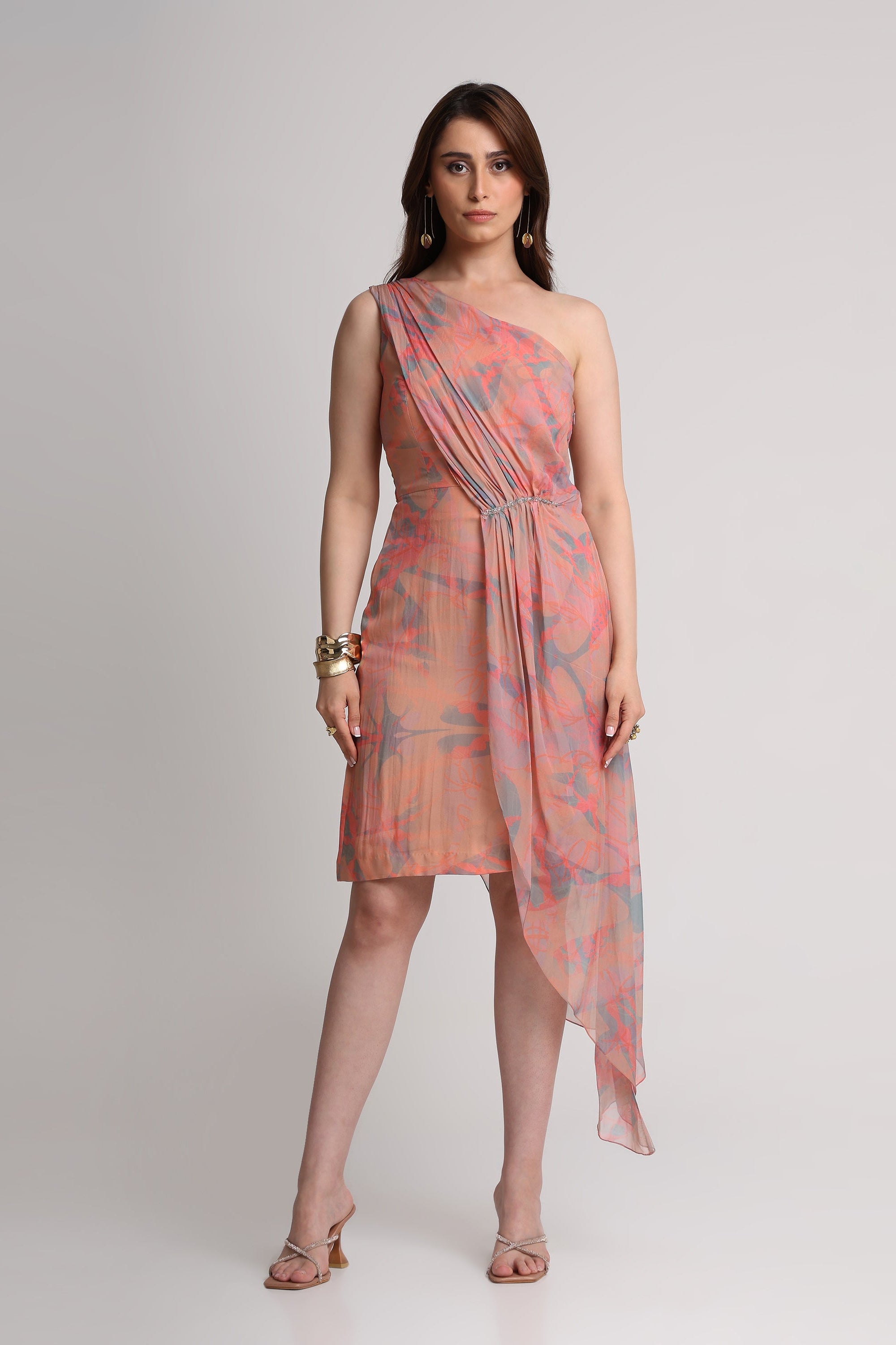 Peach abstract floral print one shoulder short dress