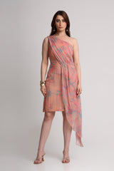 Peach abstract floral print one shoulder short dress