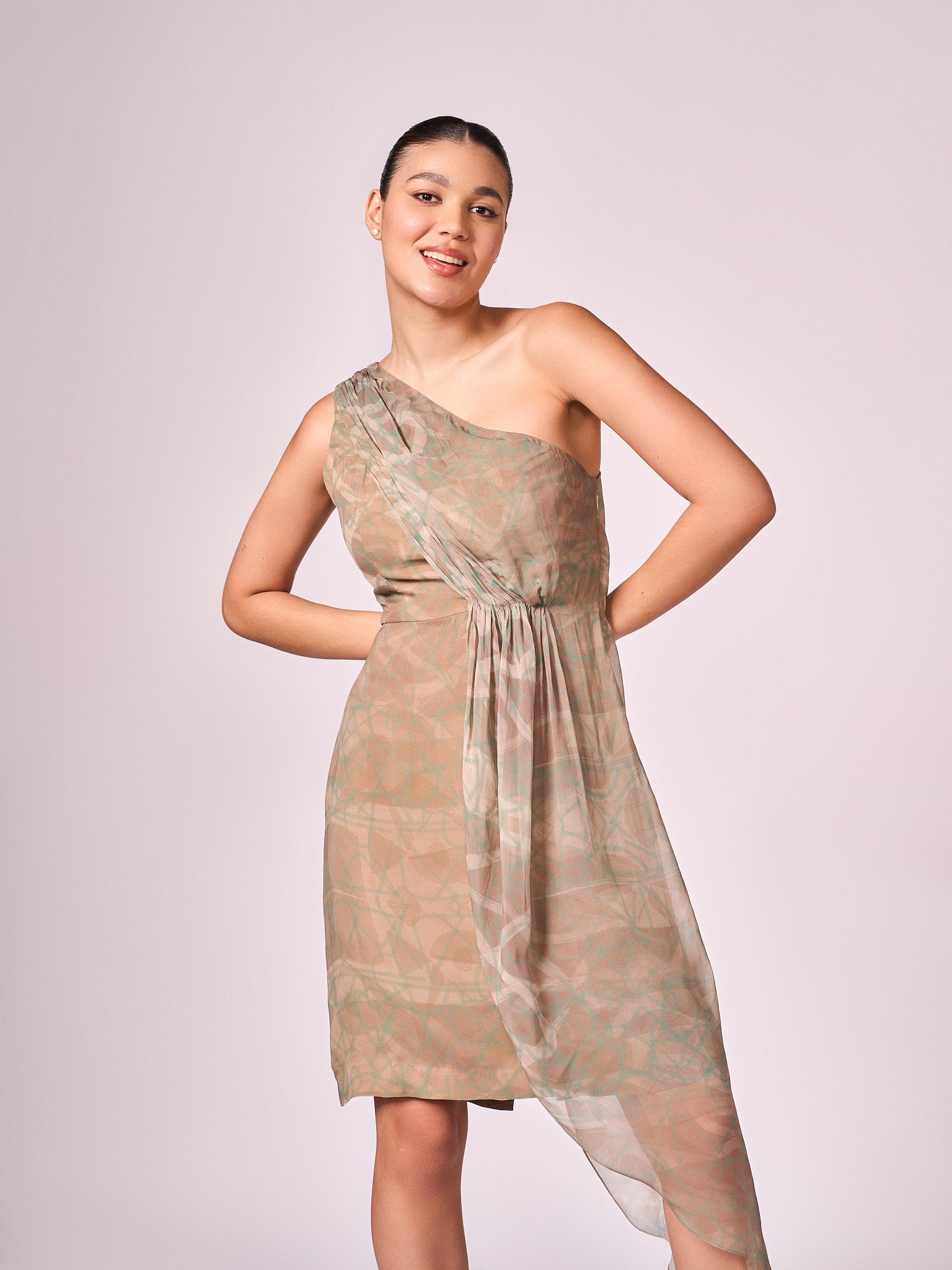Pearl mouse grey abstract print layered dress