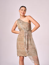 Pearl mouse grey abstract print layered dress