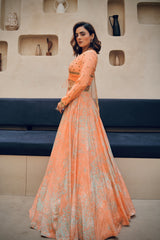 Apricot abstract floral print embroidered lehenga set