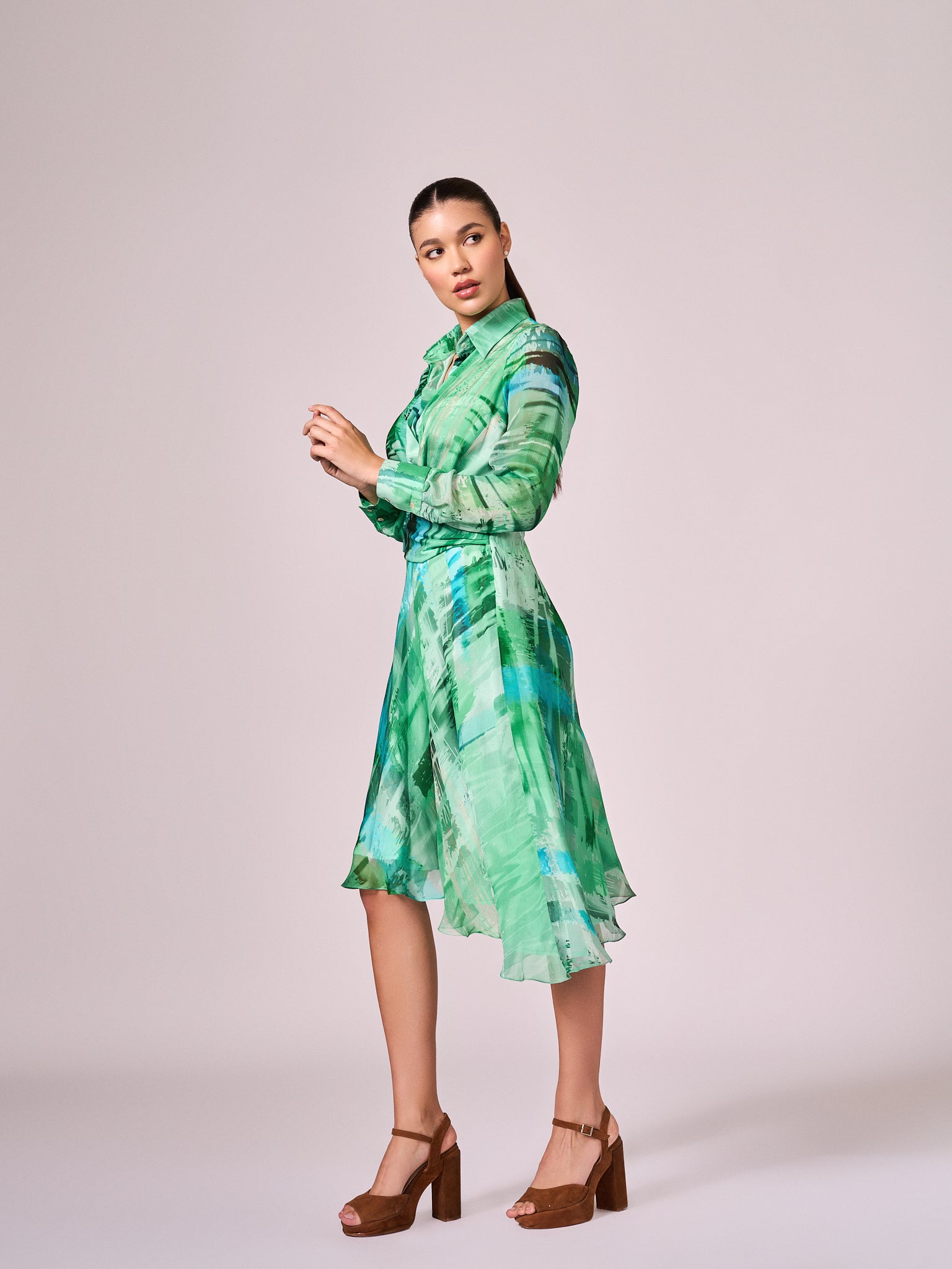 Greens abstract print midi dress