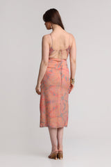 Peach abstract floral print noodle strap midi dress