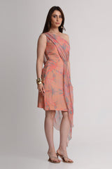 Peach abstract floral print one shoulder short dress