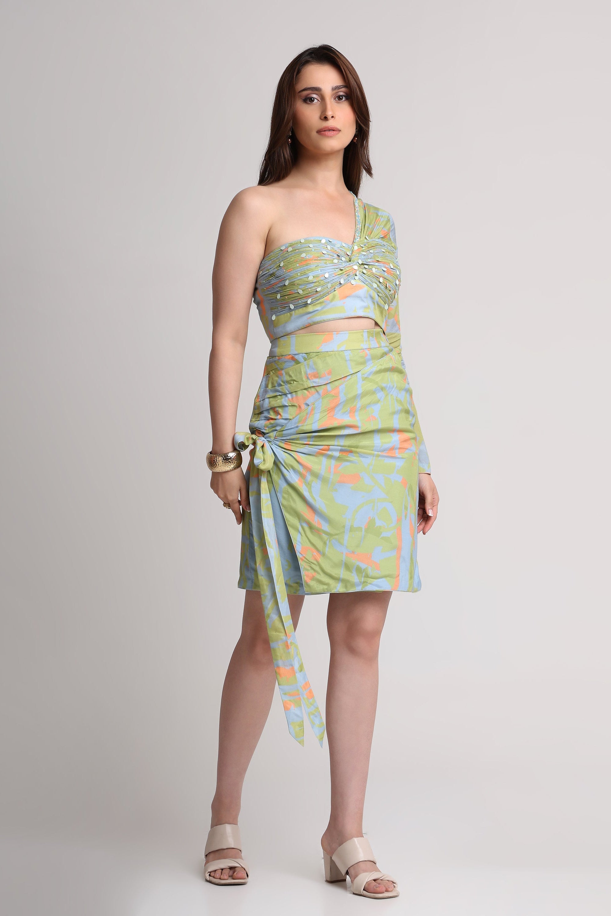 Green blue abstract print top and skirt set