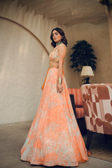 Apricot abstract floral print embroidered lehenga set