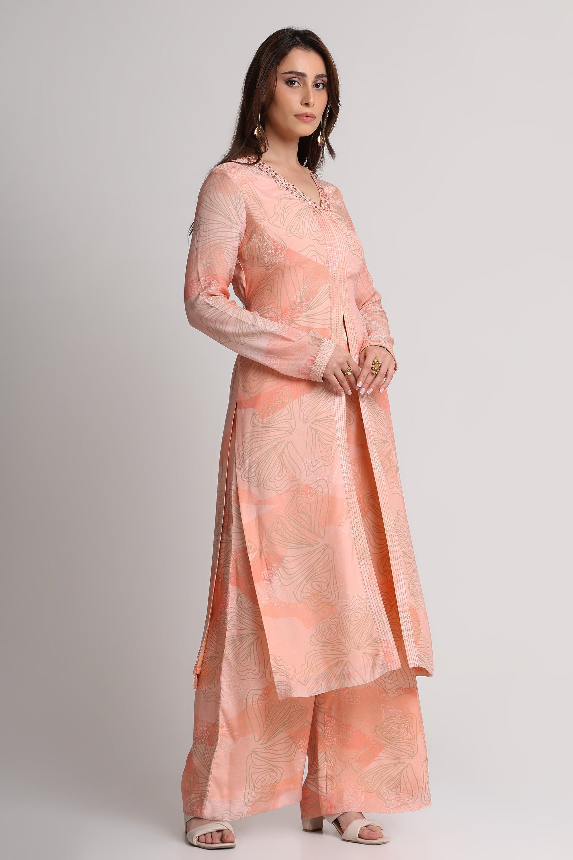 Peach Abstract Floral Lines Print kurta set