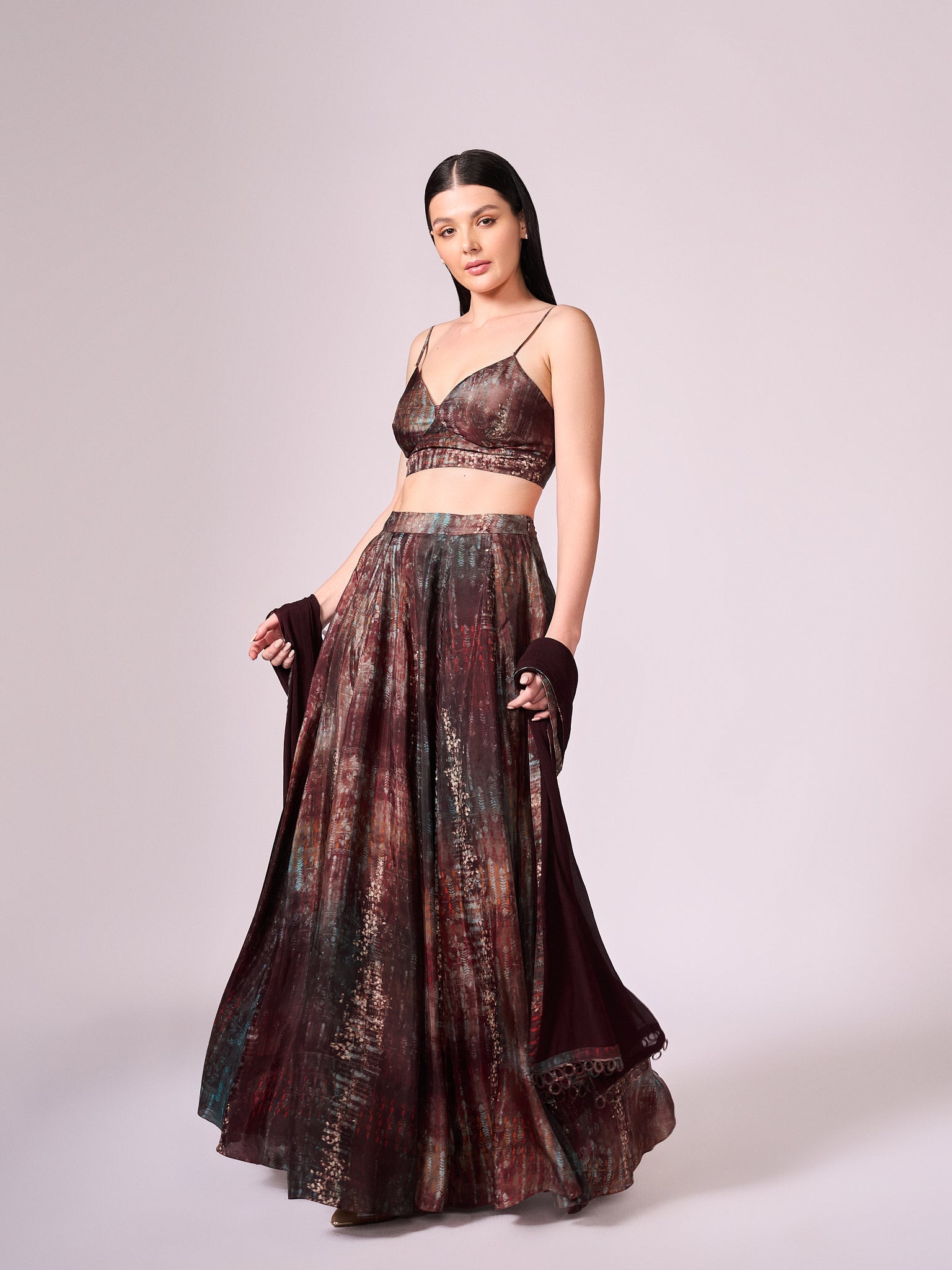 Maroon abstract floral print lehenga set