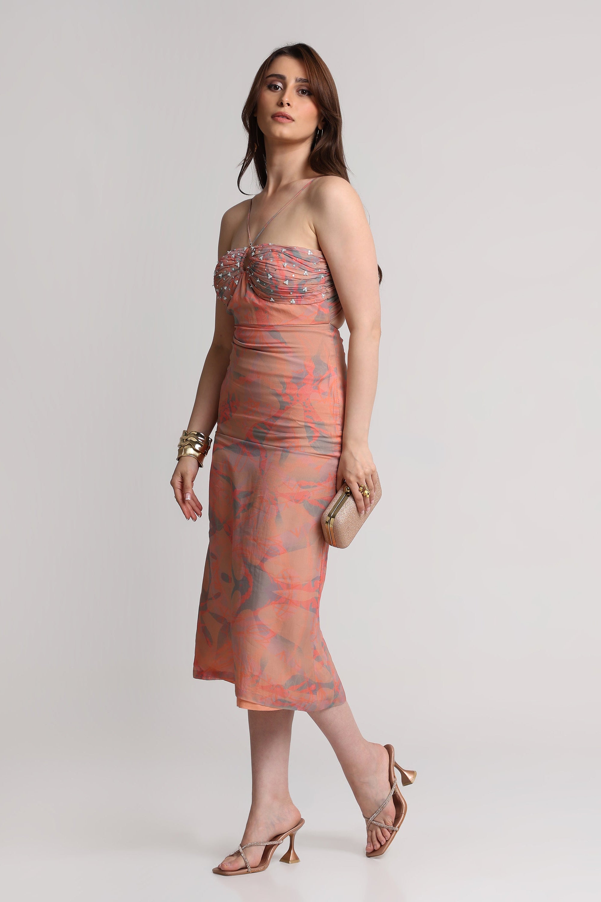 Peach abstract floral print noodle strap midi dress with shrug