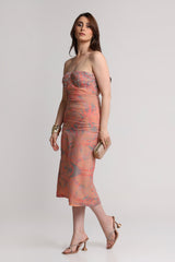 Peach abstract floral print noodle strap midi dress with shrug