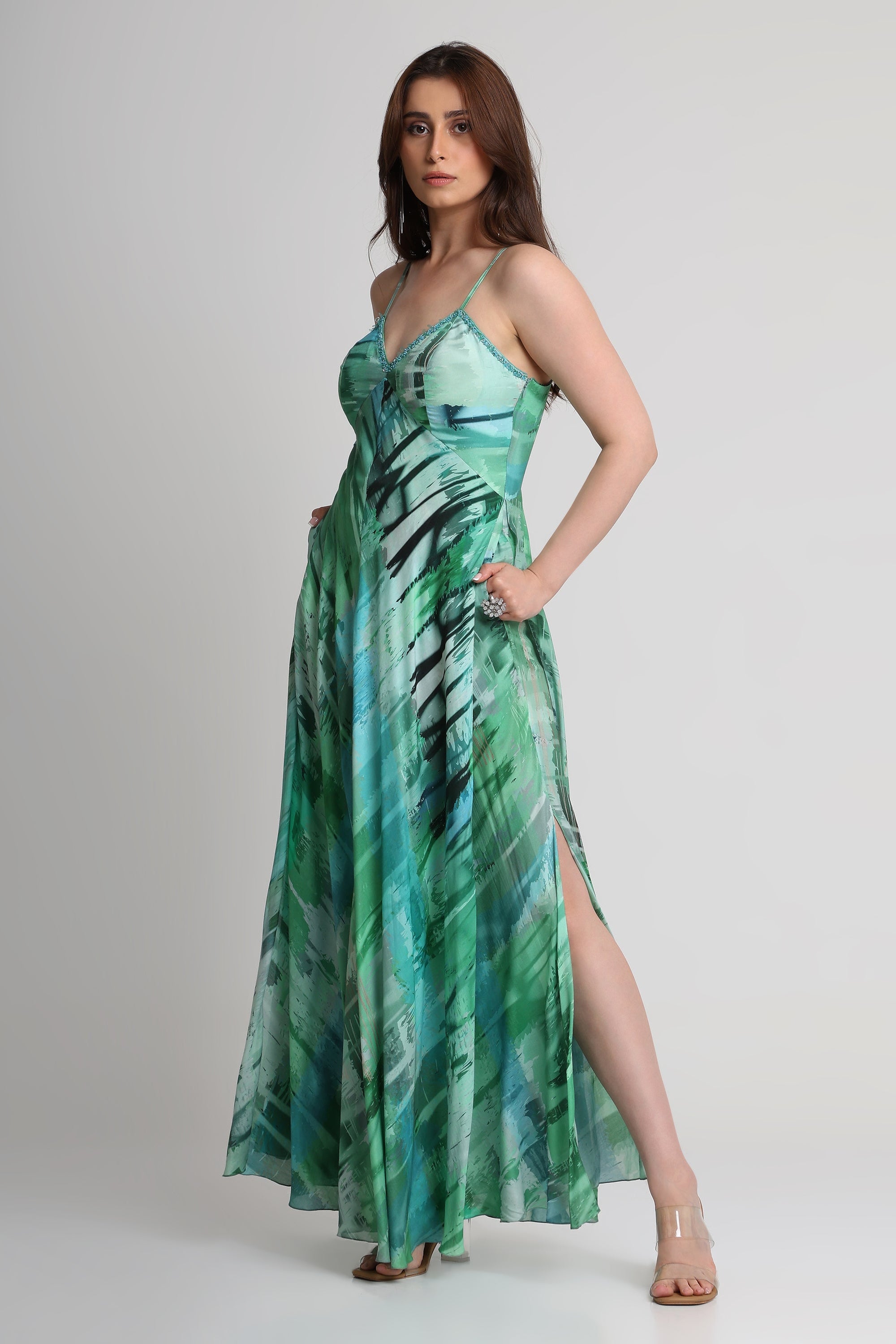 Green Geometric art print maxi dress