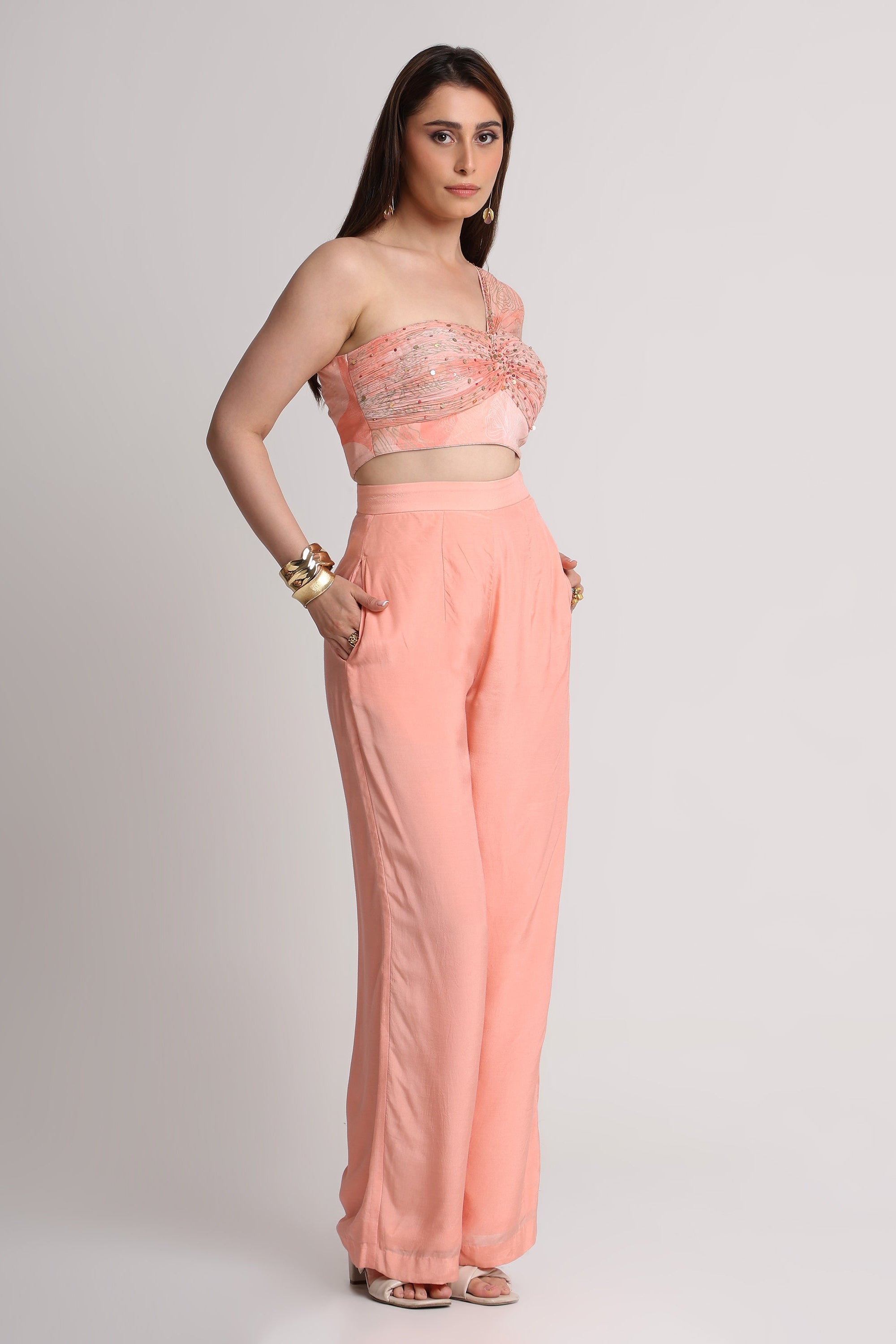Peach Abstract Flowers Lines Print top