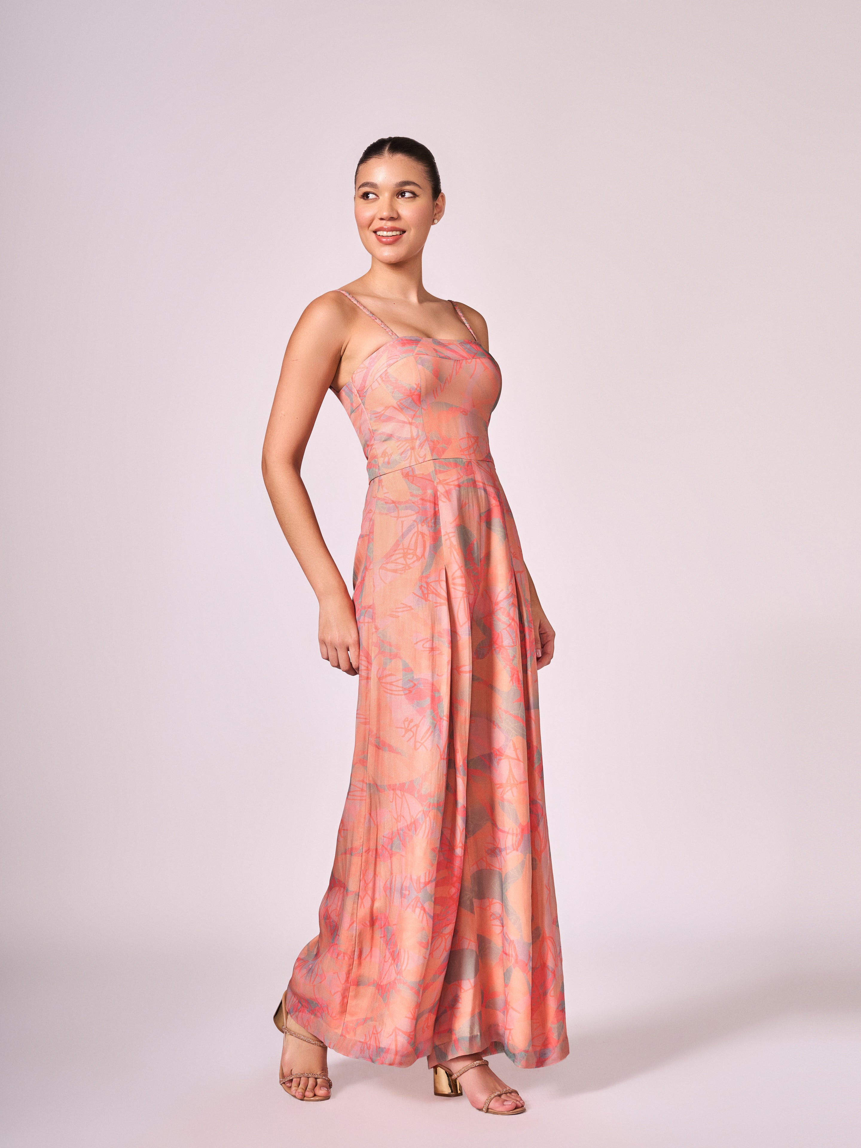 Peach absract floral print jumpsuit