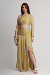 Grey yellow forest print maxi dress