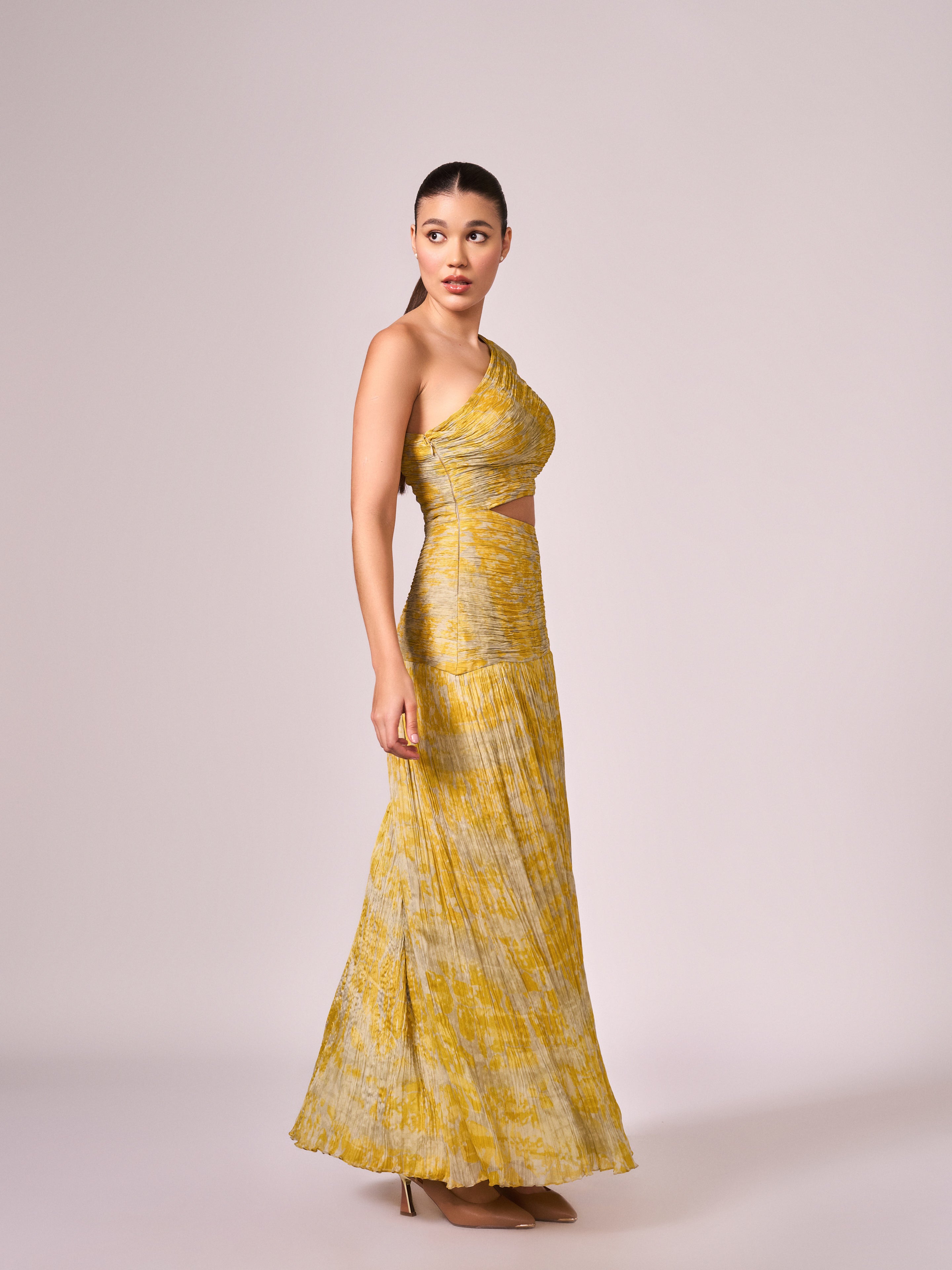 Yellow abstract print long slit dress