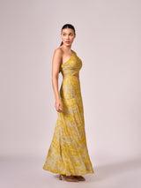 Yellow abstract print long slit dress