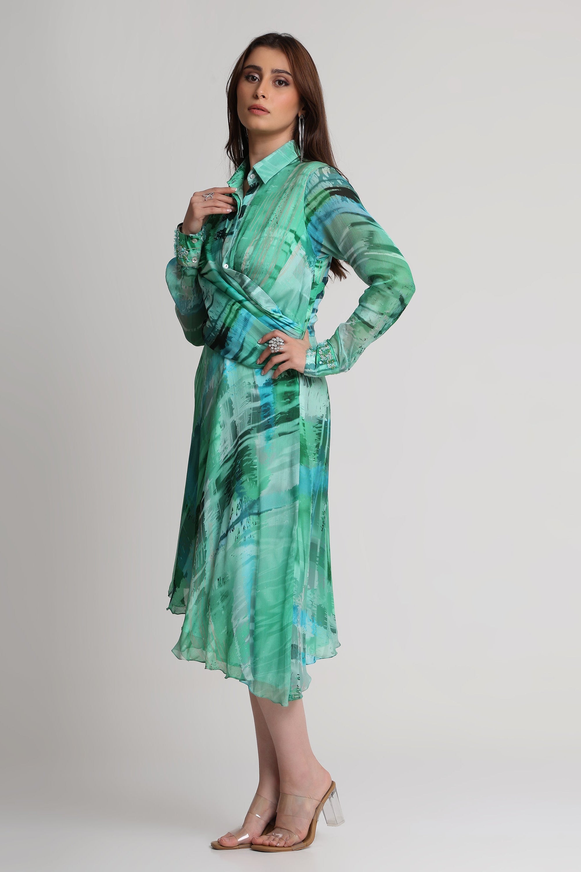 Green Geometric art print shirt dress
