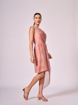 Peach abstract floral print layered  dress