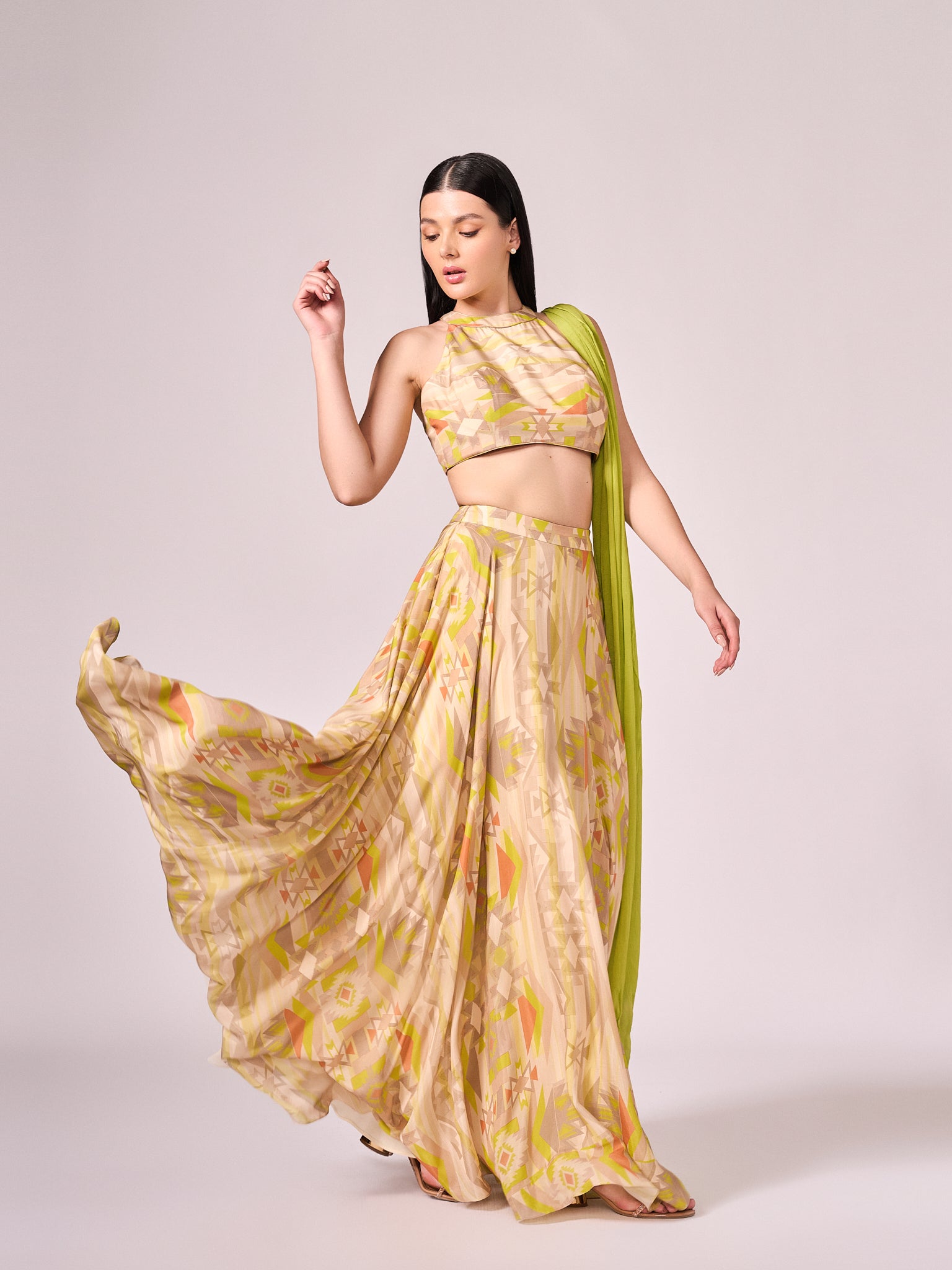 Lime green geometric print  lehenga set