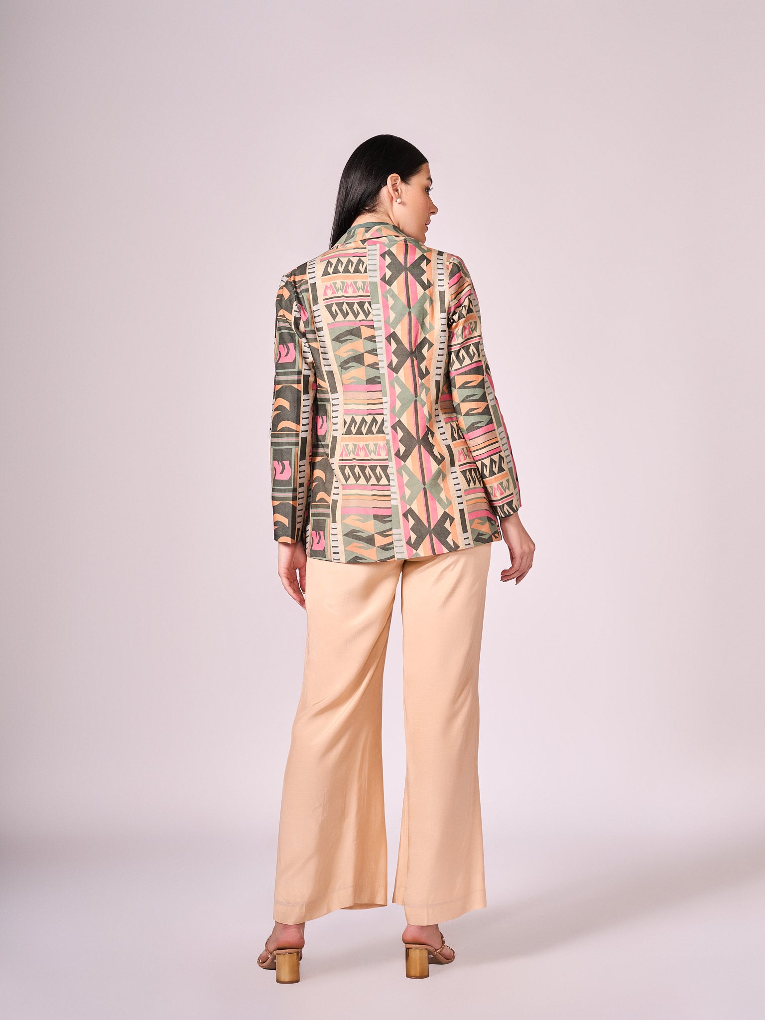 Multi coloured geometric print jacket, chalk green shirt and beige pant set