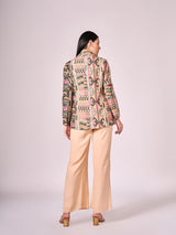 Multi coloured geometric print jacket, chalk green shirt and beige pant set