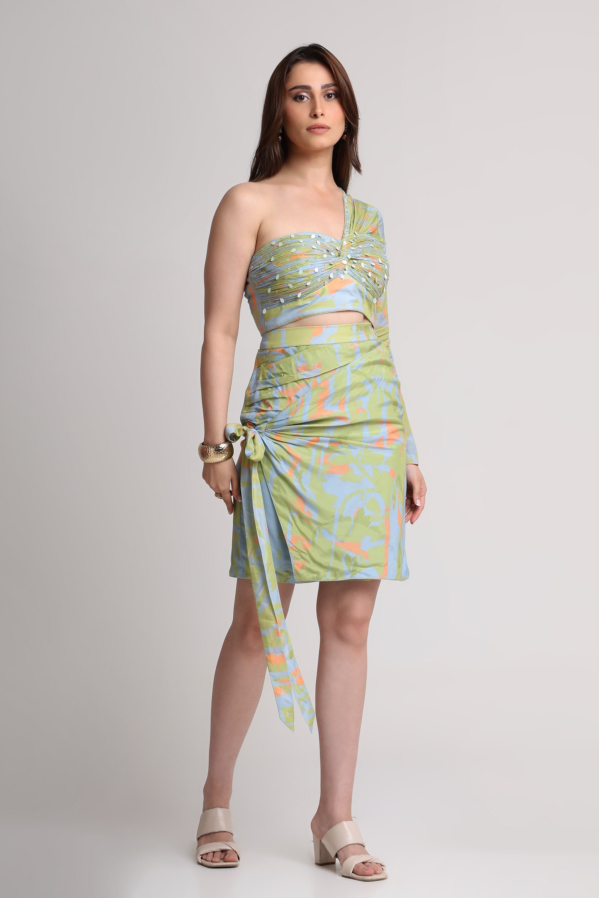 Green blue abstract print top
