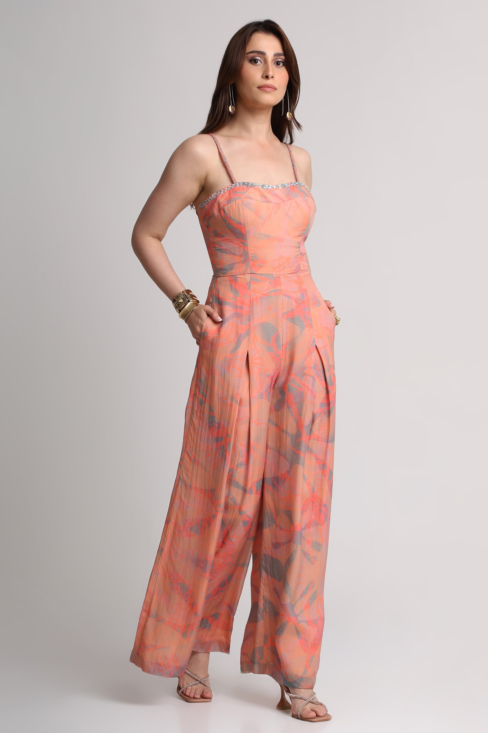 Peach abstract floral print jumpsuit