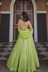 Lime green geometric print embroidered lehenga set