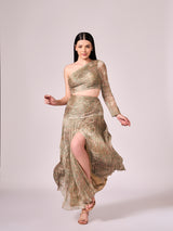 Pearl mouse grey abstract print long slit dress