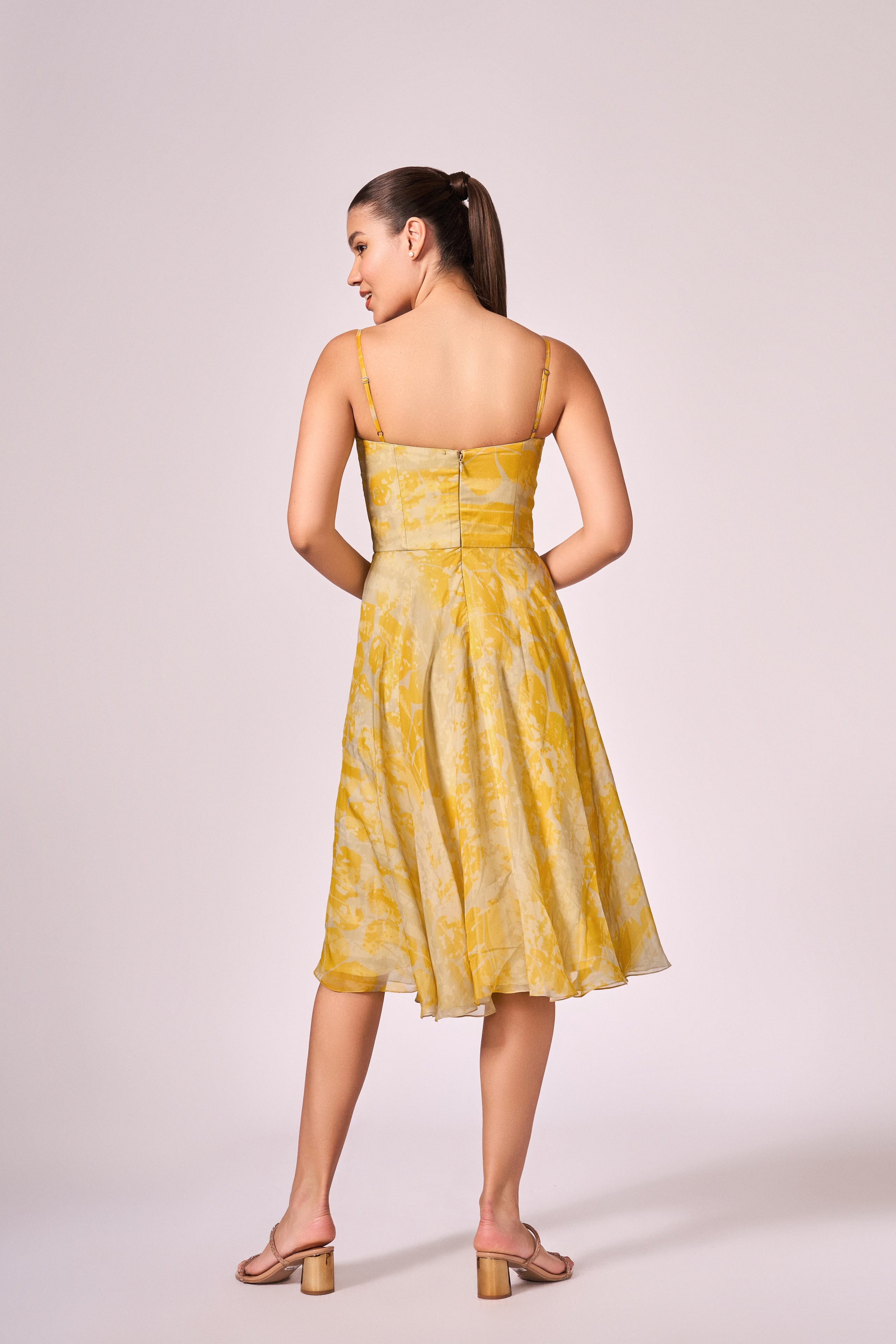 Grey yellow forest print midi dress