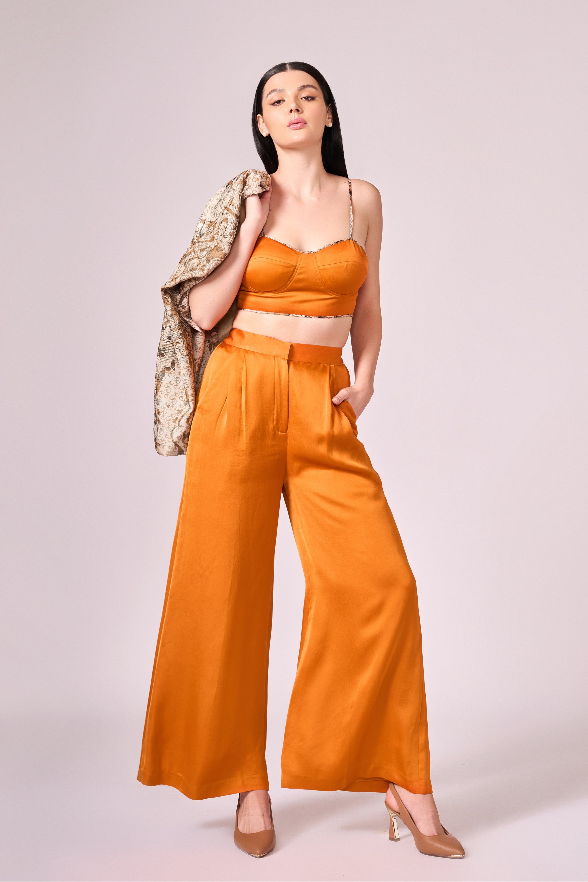 Browns abstract floral print jacket, burnt orange bustier and pant set