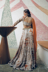 Brown Floral print embroidered lehenga Set