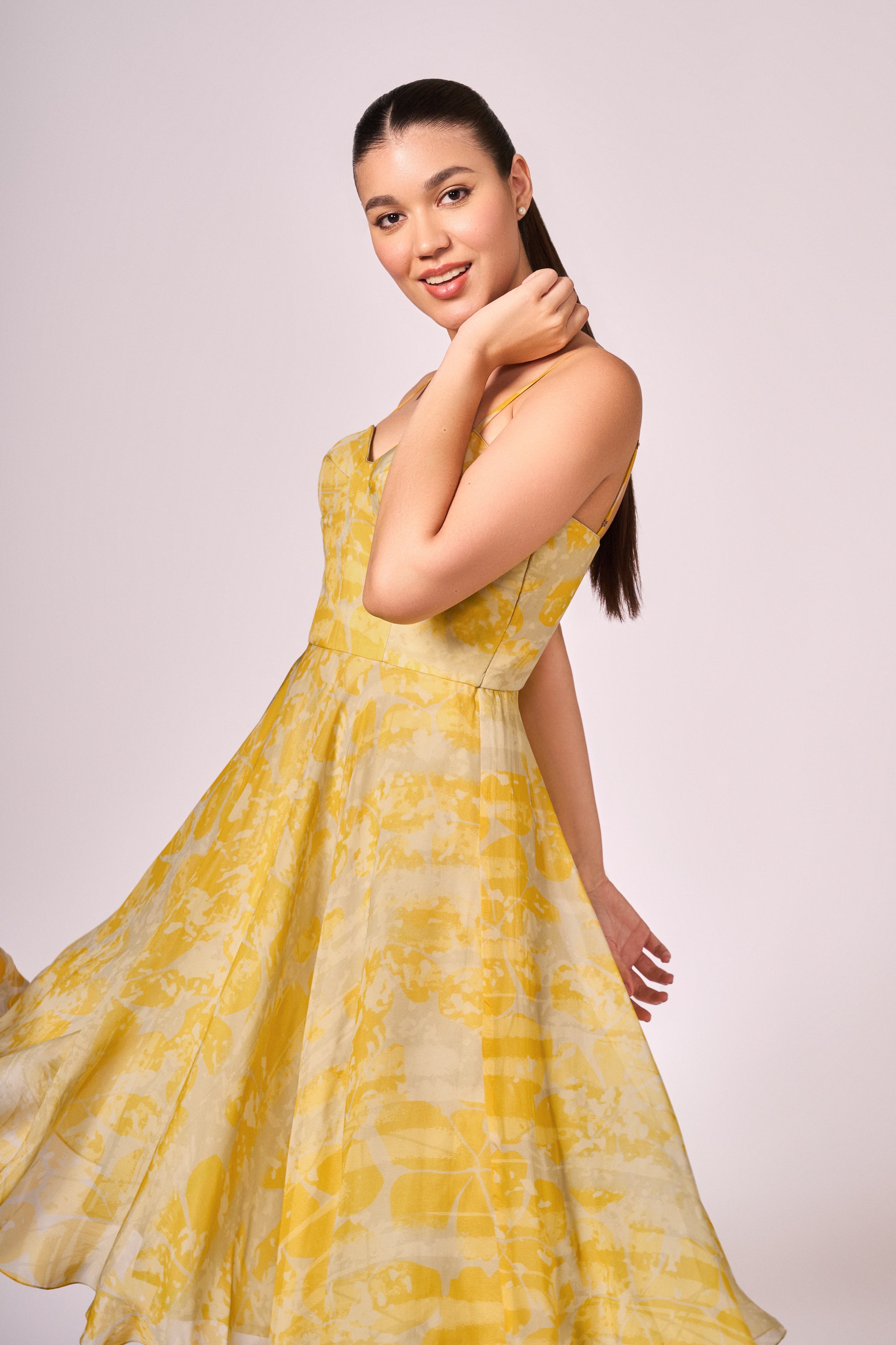 Grey yellow forest print midi dress