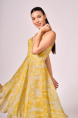Grey yellow forest print midi dress