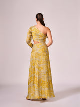 Yellow abstract print long slit dress