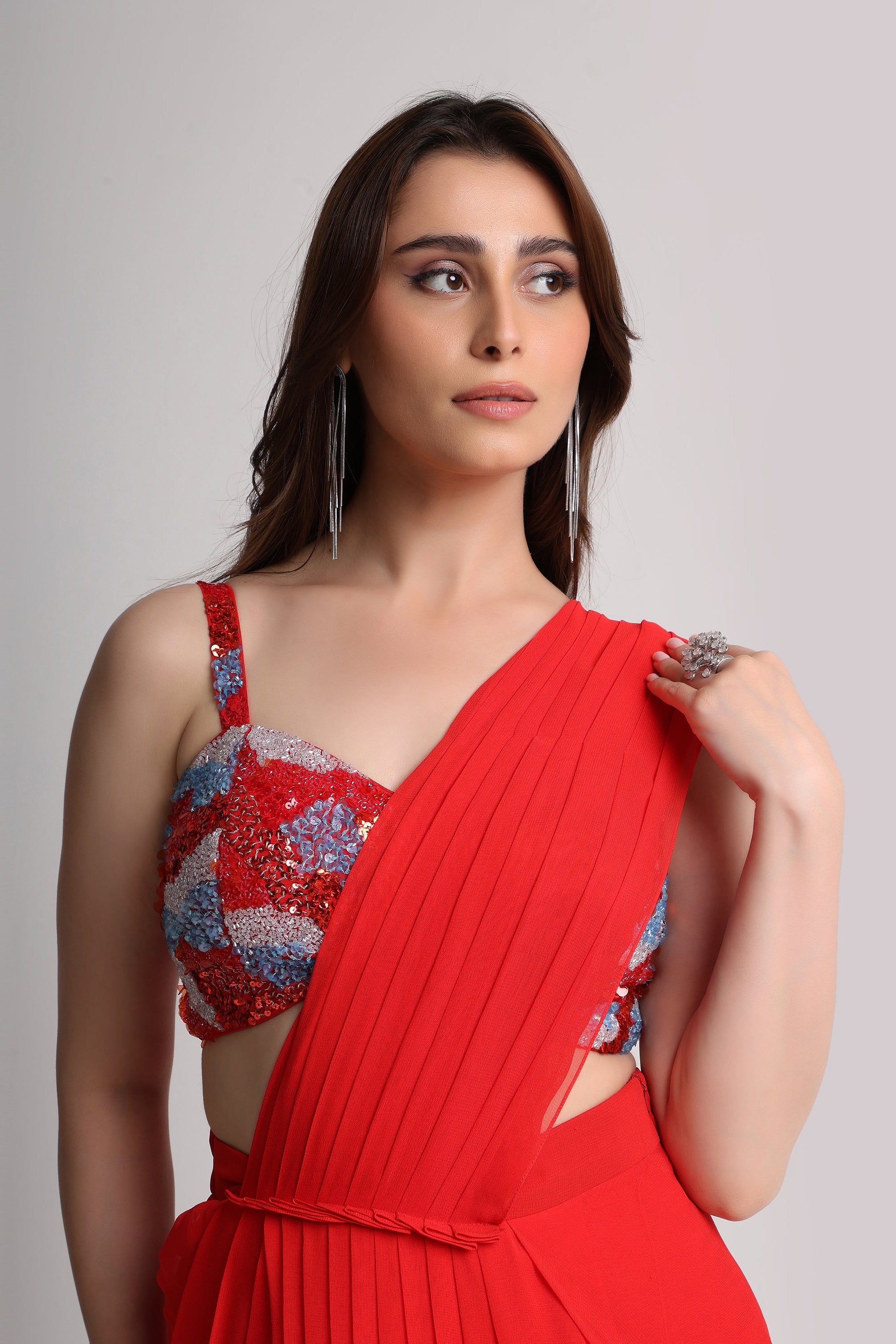 Red aura drape saree
