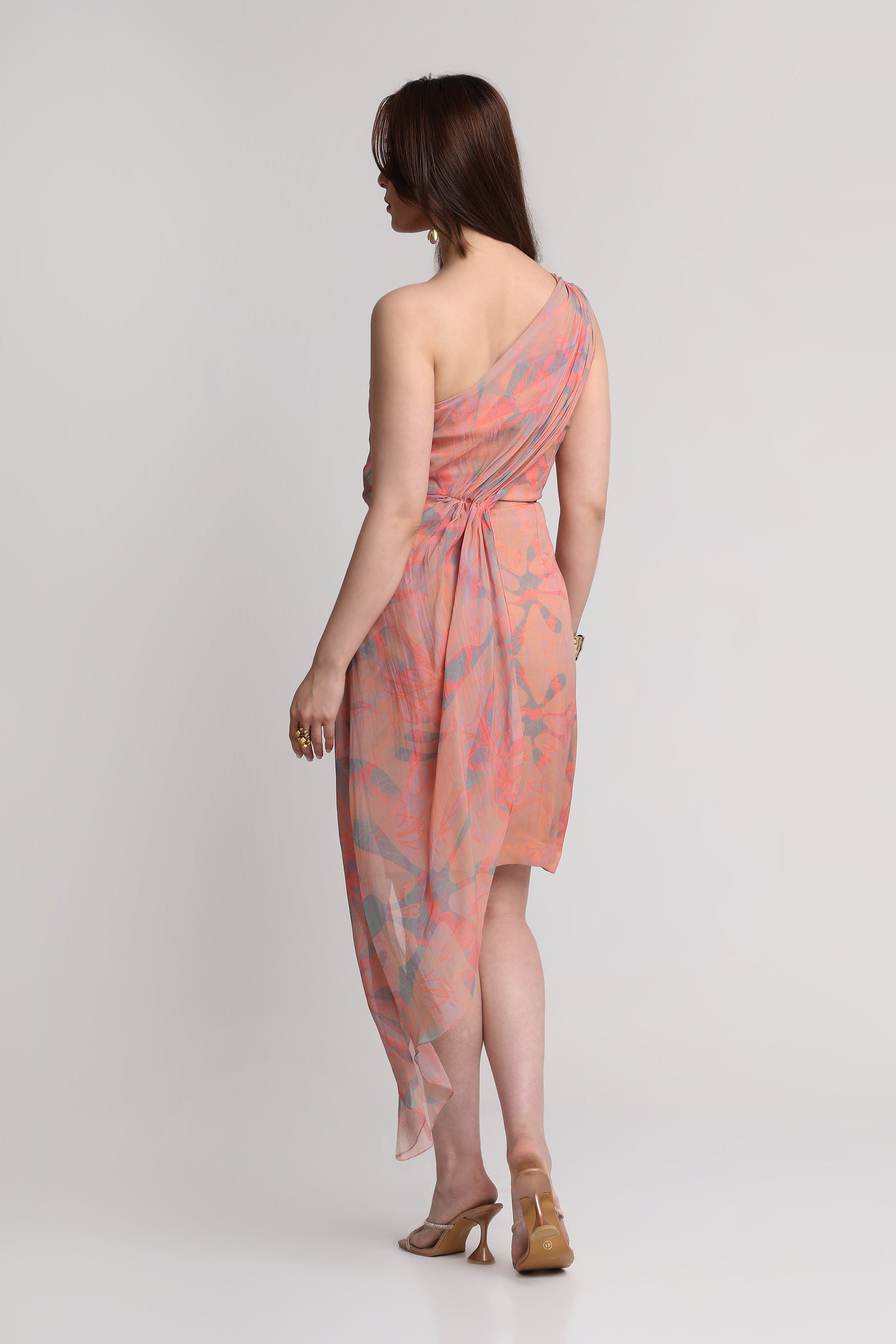 Peach abstract floral print one shoulder short dress