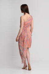 Peach abstract floral print one shoulder short dress