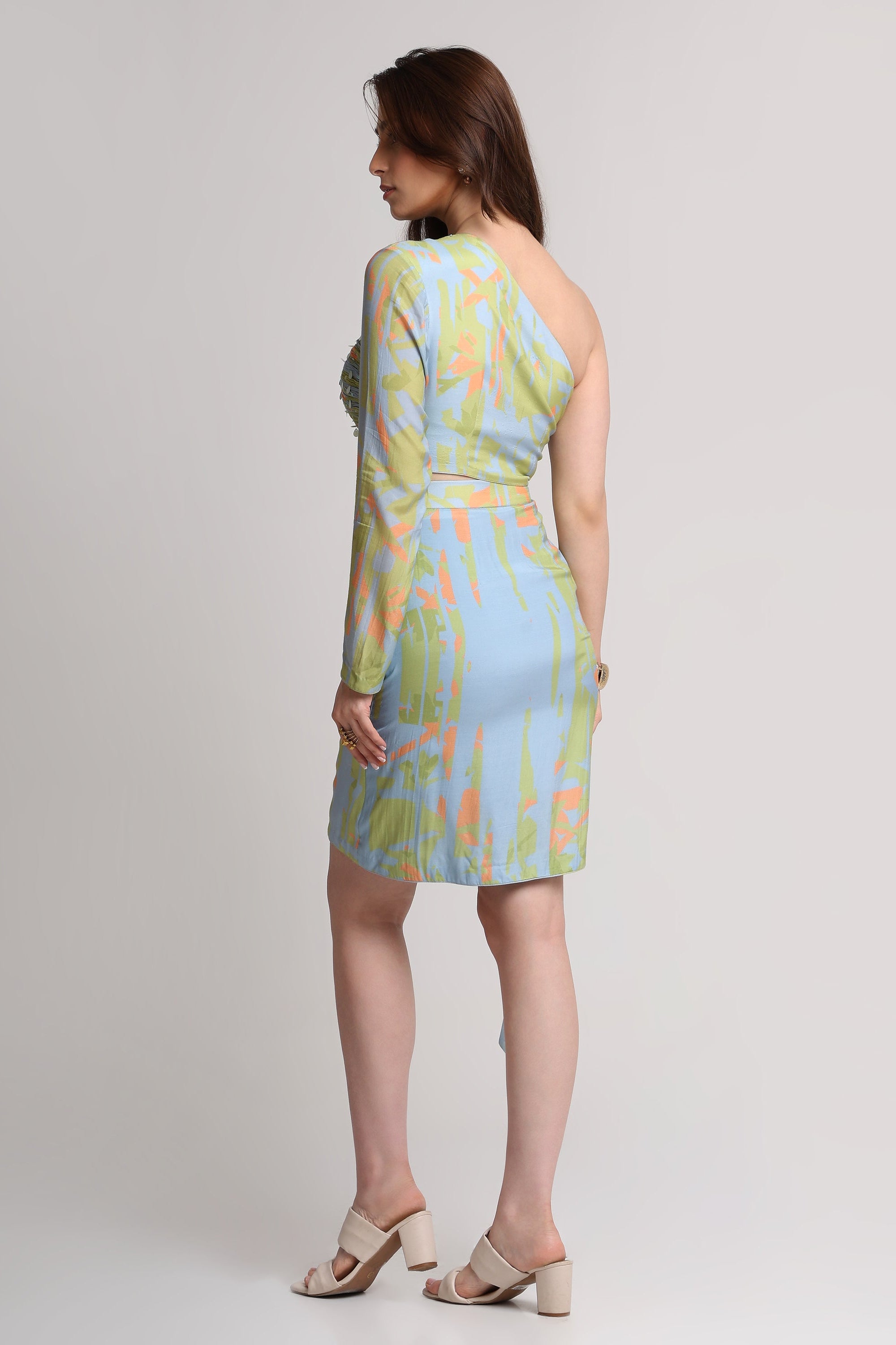 Green blue abstract print top and skirt set