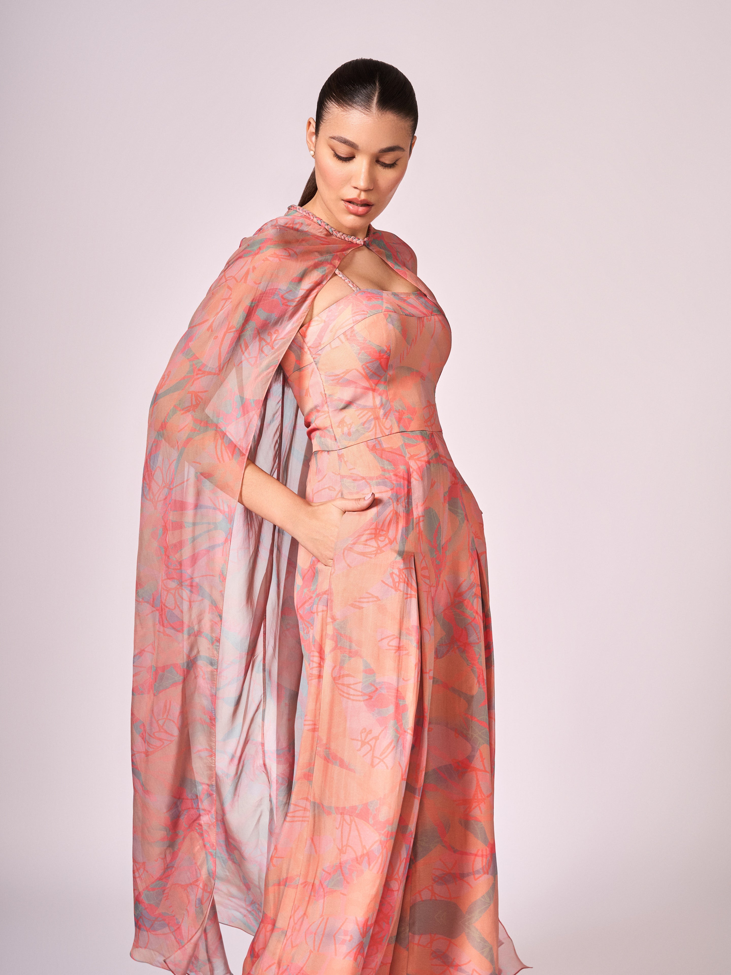 Peach absract floral print jumpsuit