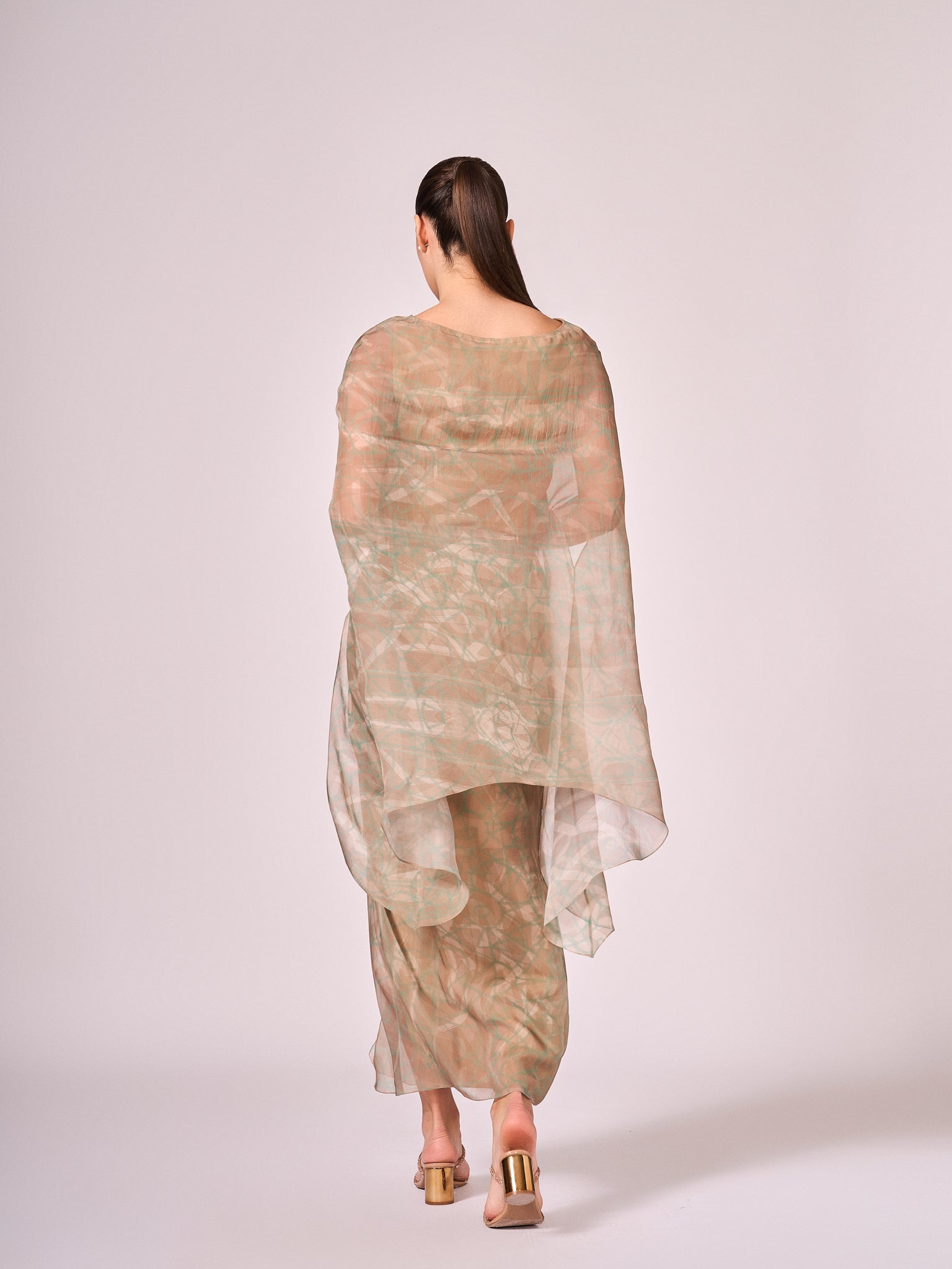 Pearl mouse grey abstract print kaftan top and drape skirt set