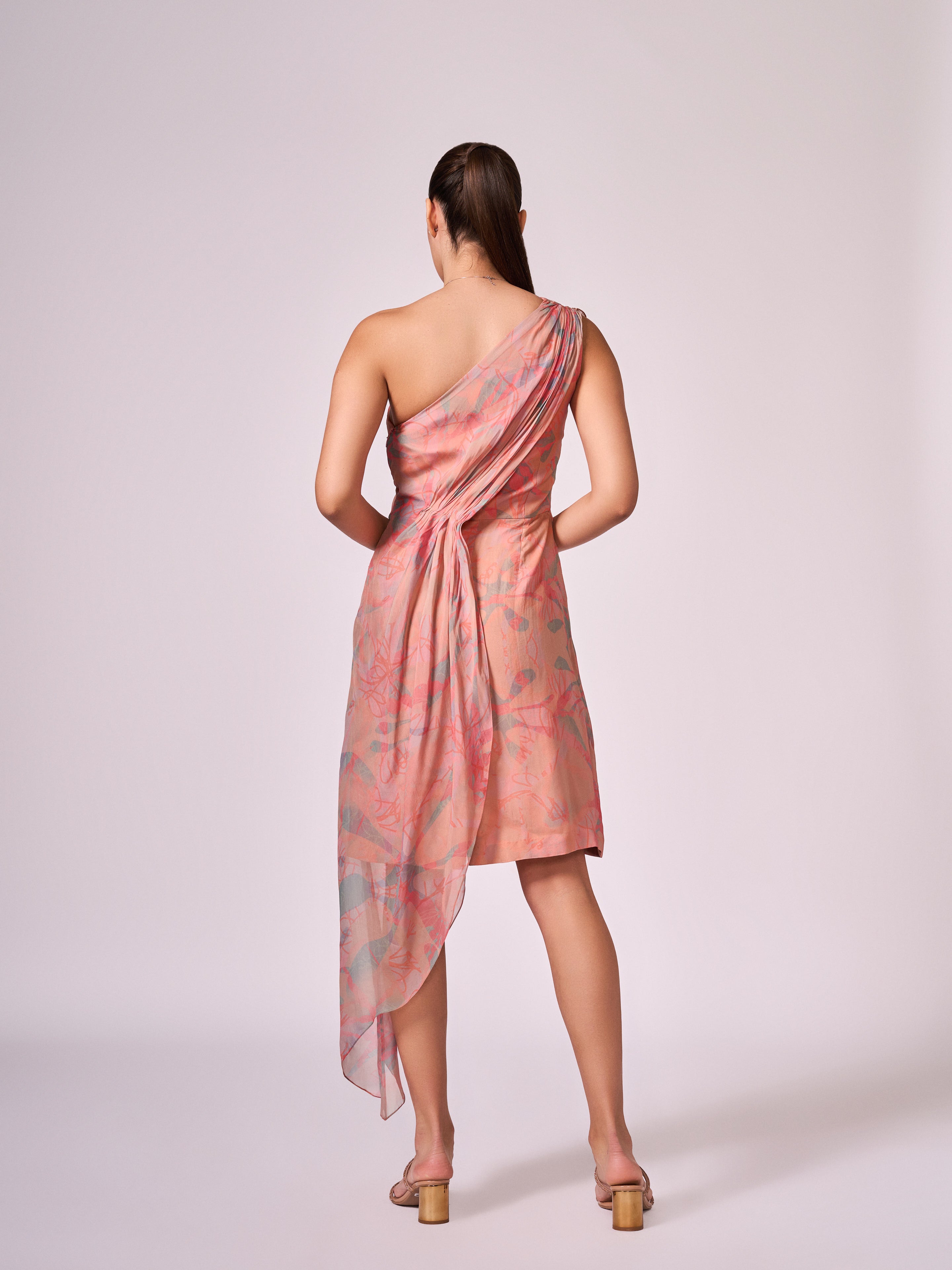 Peach abstract floral print layered  dress