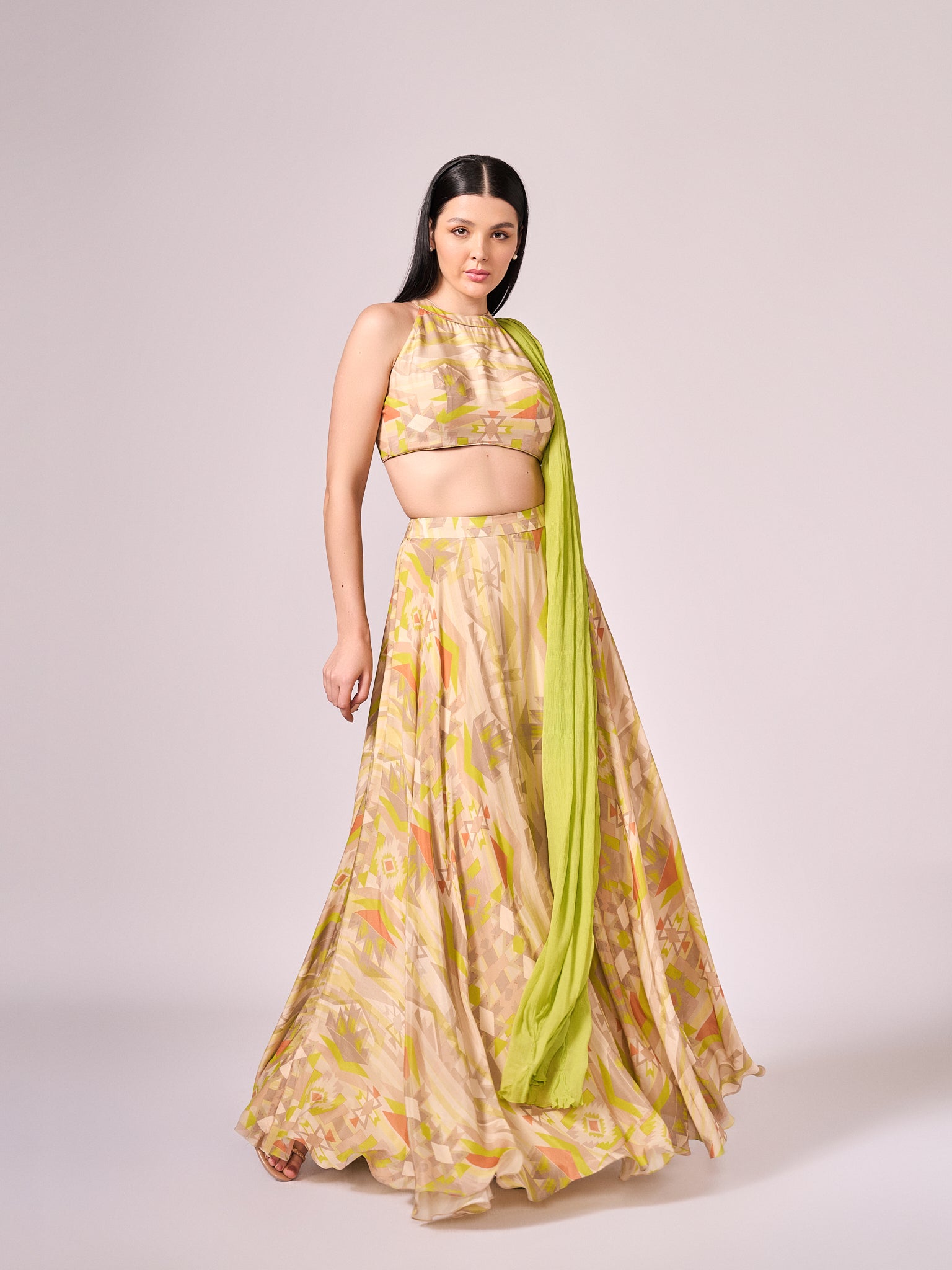 Lime green geometric print  lehenga set