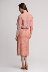 Peach abstract floral print noodle strap midi dress with shrug