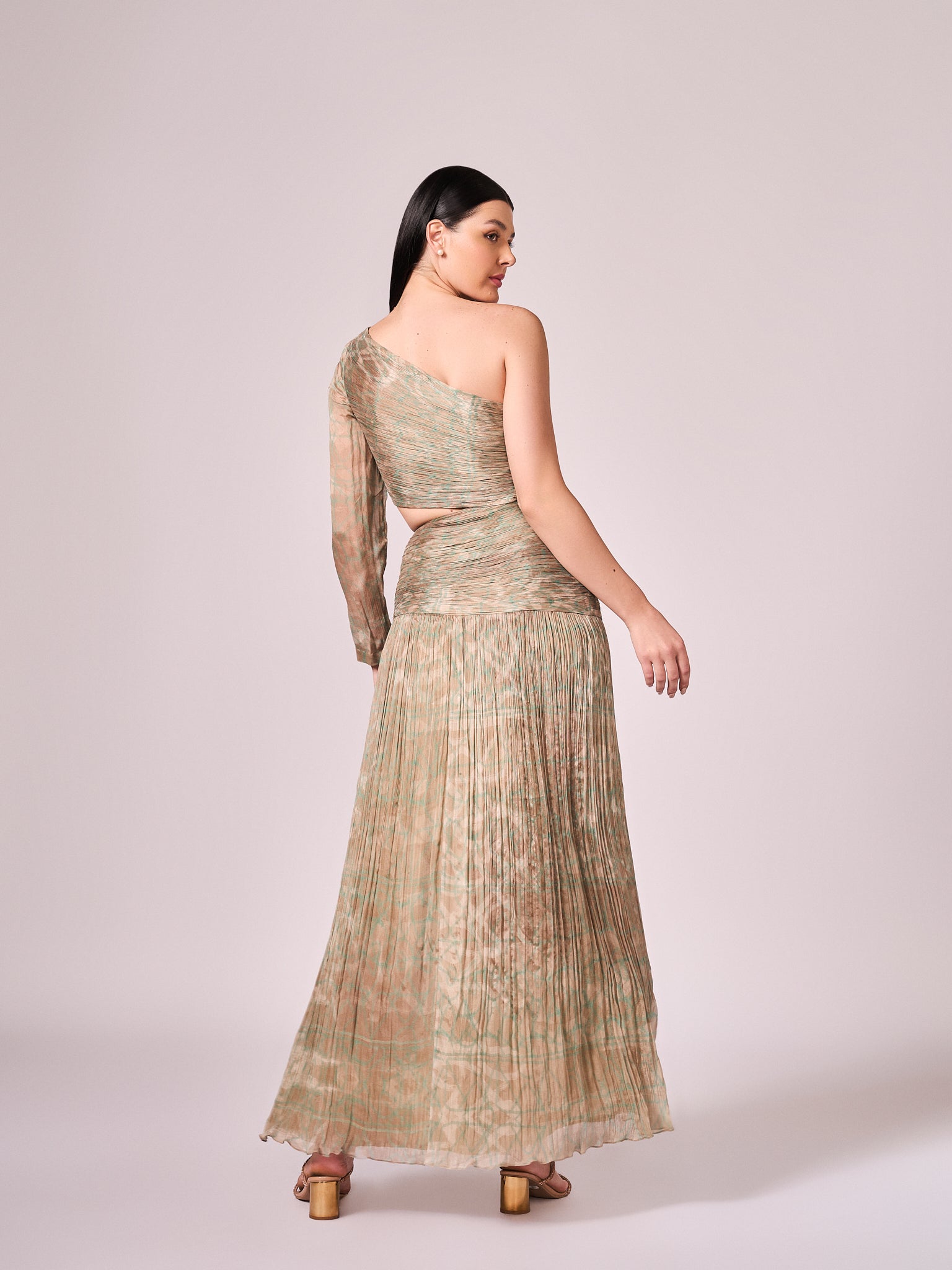 Pearl mouse grey abstract print long slit dress