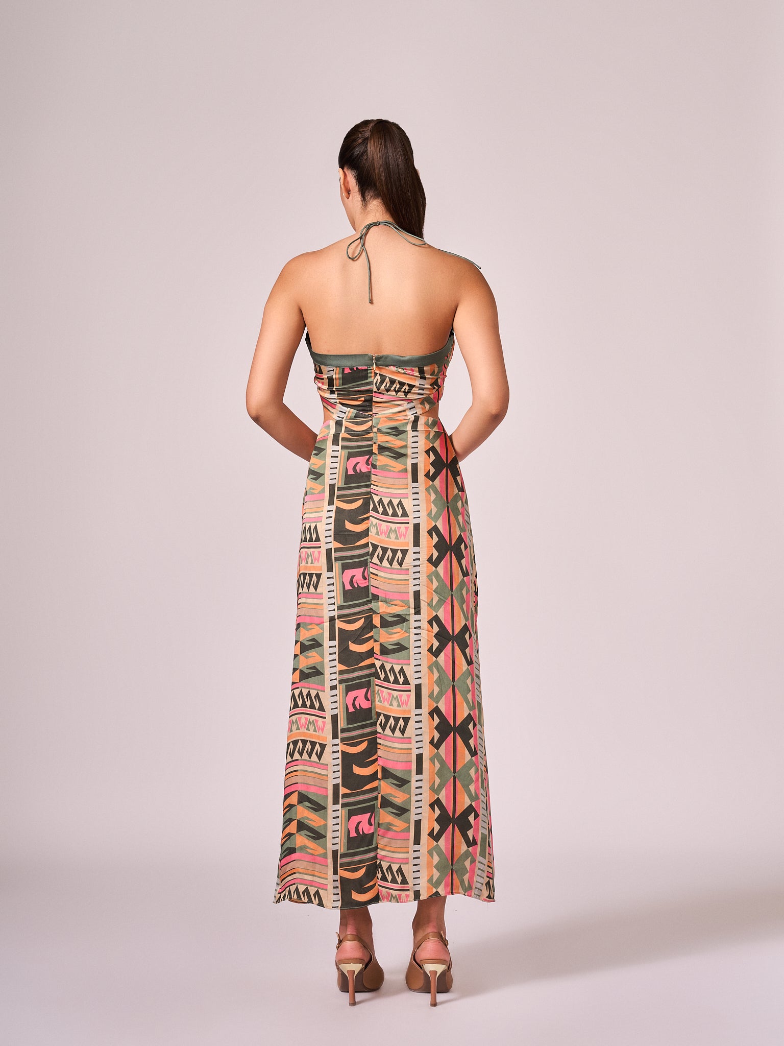 Multi coloured geometric print halter dress