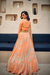 Apricot abstract floral print embroidered lehenga set